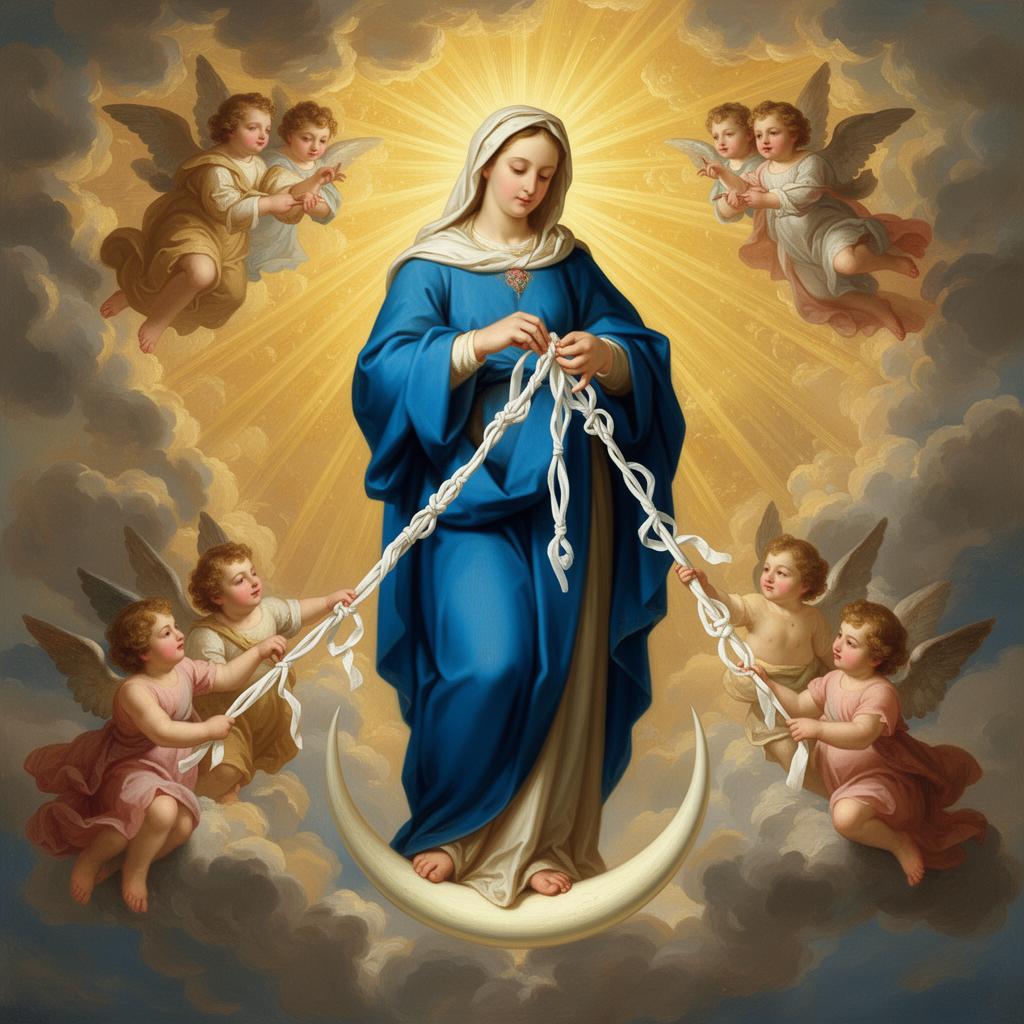 Nossa Senhora Desatadora dos Nós - Virgem Maria desatando nós de uma fita branca, cercada por anjos